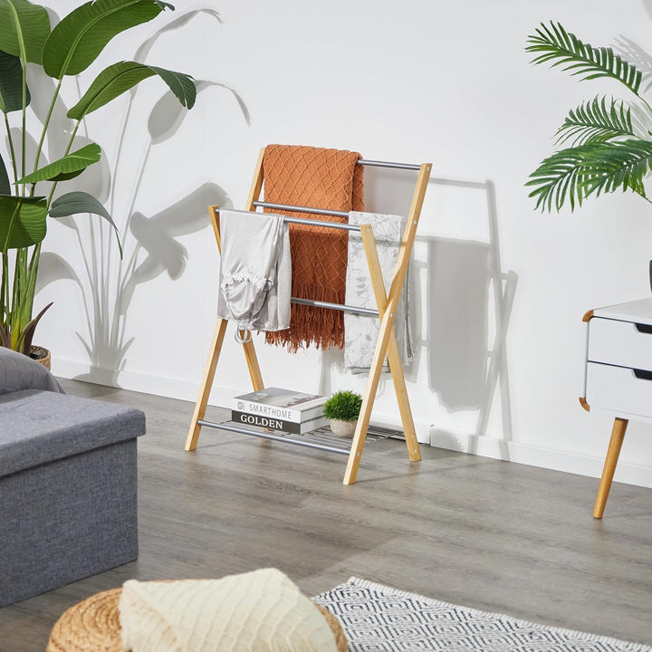 Relaxdays Handtuchhalter, 4 Stangen und Ablage, für Hand- & Badetücher, Handtuchständer, Bambus & Ei