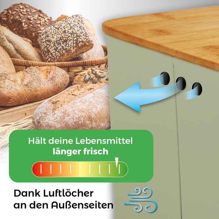 Lumaland Cuisine Brotkasten | Brotdose aus Metall mit Bambus Deckel | Brotbox rechteckig 30,5 x 23,5