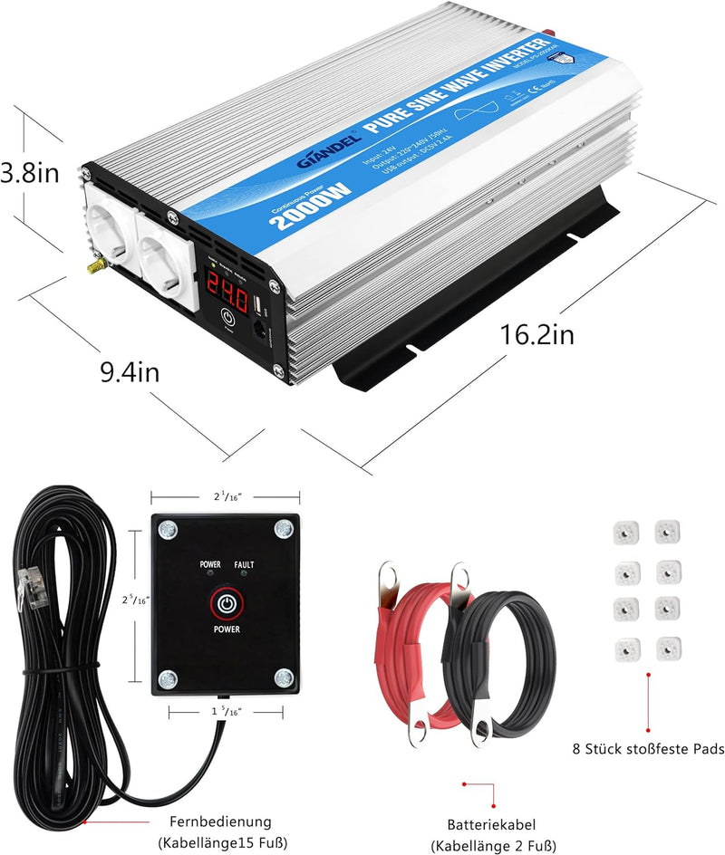 Wechselrichter 24V auf 230V Reiner Sinus 2000W Spannungswandler Umwandler-Inverter mit Zwei EU-Steck