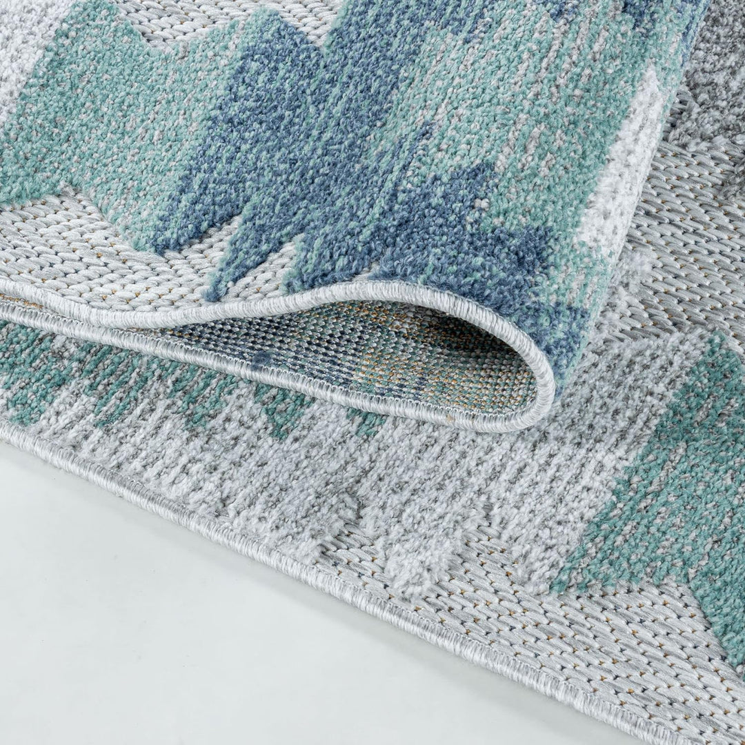 Carpetsale24 Outdoor Teppich Modern, Kelim Berber Muster 3D Optik, Rechteckig, Grau mit blauen Muste
