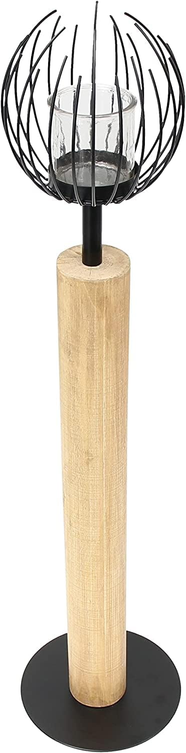 Windlichtsäule Kugel aus Holz & Metall, 85 cm hoch, Holzsäule, Dekosäule mit Windlichtglas, Deko für