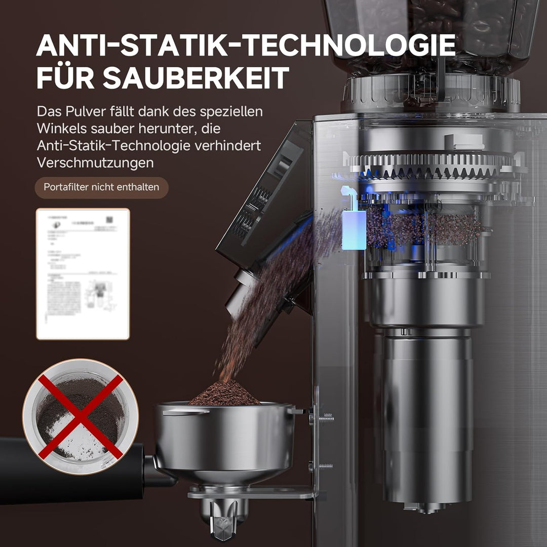 AMZCHEF Kaffeemühle mit 45 Mahlgraden, Edelstahl, Plasma Anti-Statik System, Speicherfunktion, LED-T