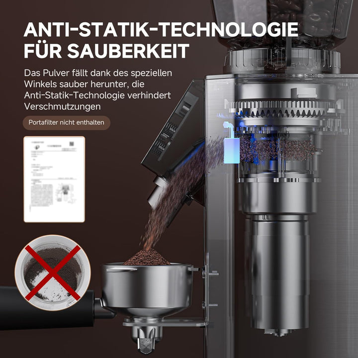 AMZCHEF Kaffeemühle mit 45 Mahlgraden, Edelstahl, Plasma Anti-Statik System, Speicherfunktion, LED-T