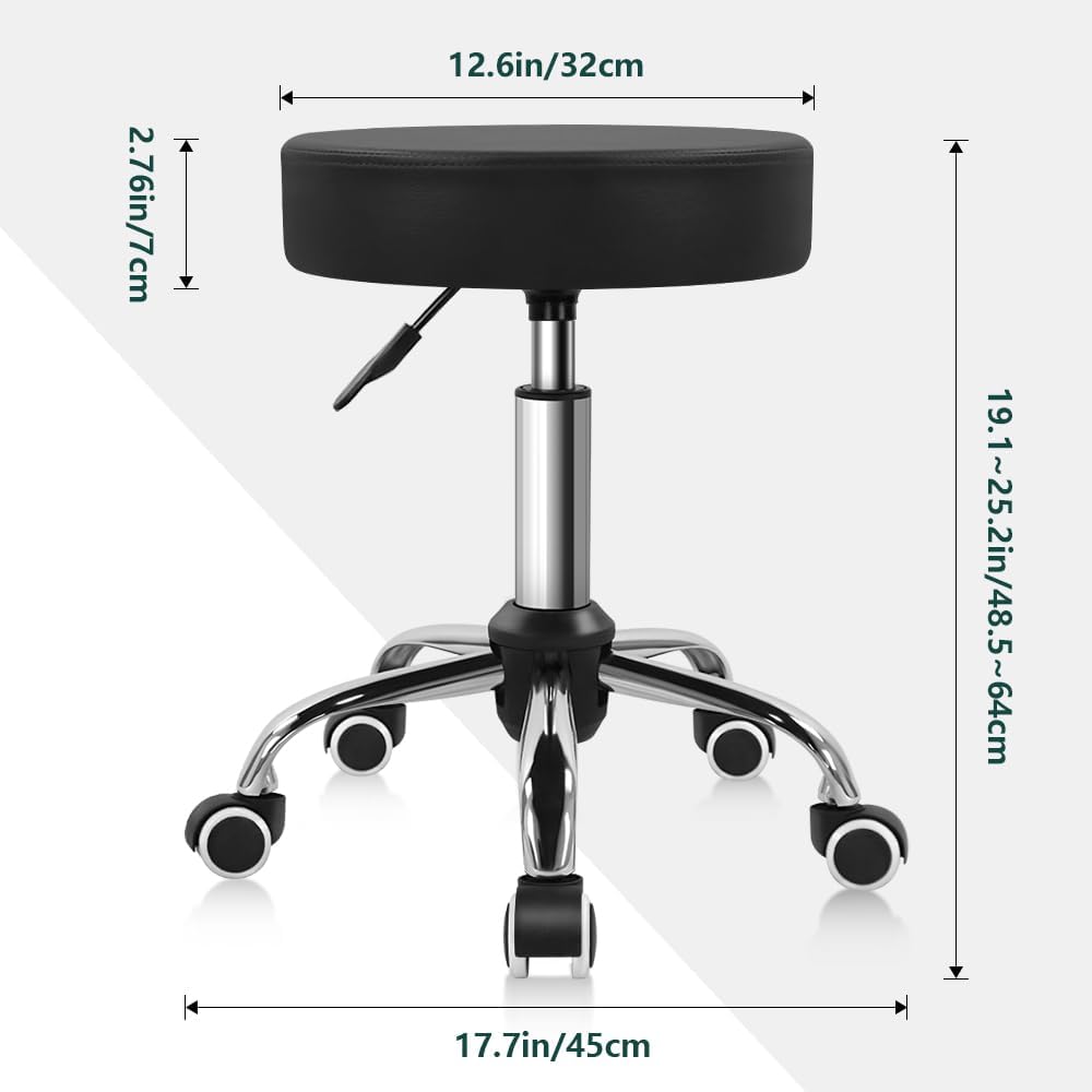 BFTOU Schwarzer Drehhocker aus PU-Leder mit Rollen, perfekt für Salon, Arbeit, Zuhause, Spa, Geschäf