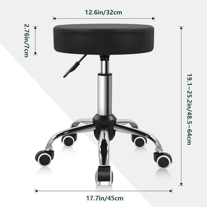BFTOU Schwarzer Drehhocker aus PU-Leder mit Rollen, perfekt für Salon, Arbeit, Zuhause, Spa, Geschäf