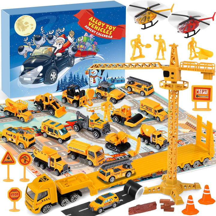 iZoeL Adventskalender 2024 Autos Kinder Junge 24 Fahrzeuge aus Legierung Baustelle Bagger Lastwagen