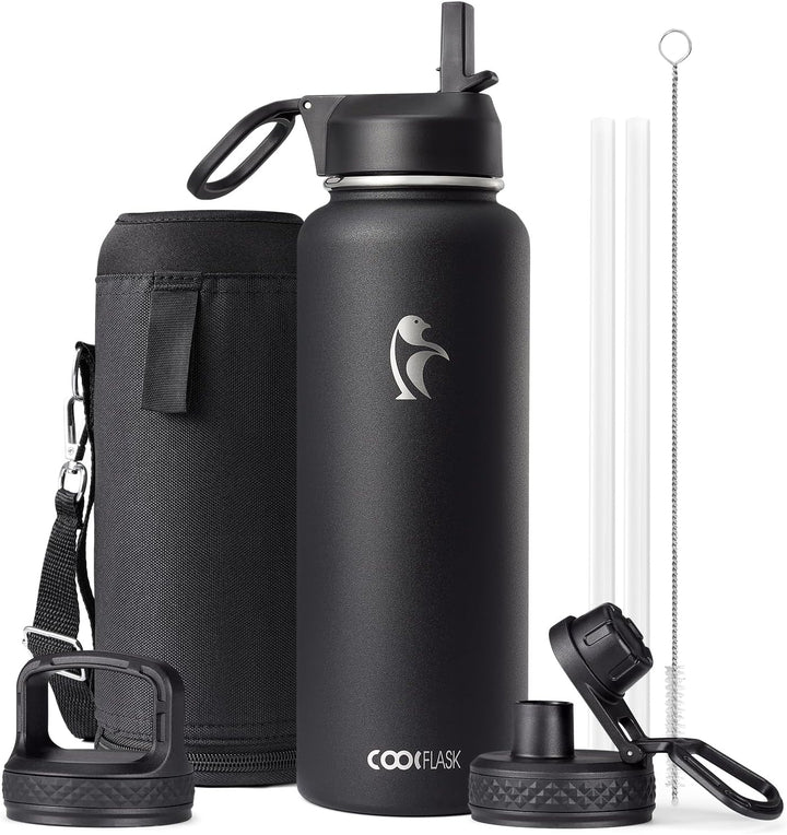 Coolflask 1180ml Isolierte Wasserflasche mit Strohhalm und 3 Deckeln, Metallwasserflasche für Sport