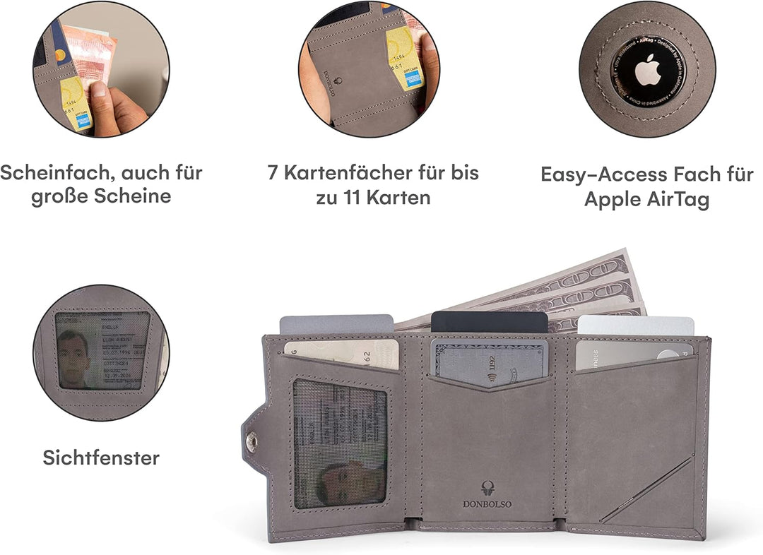 DONBOLSO Wallet Air - Slim Wallet mit Apple AirTag Fach - Hochwertiges Kreditkartenetui aus Echtlede