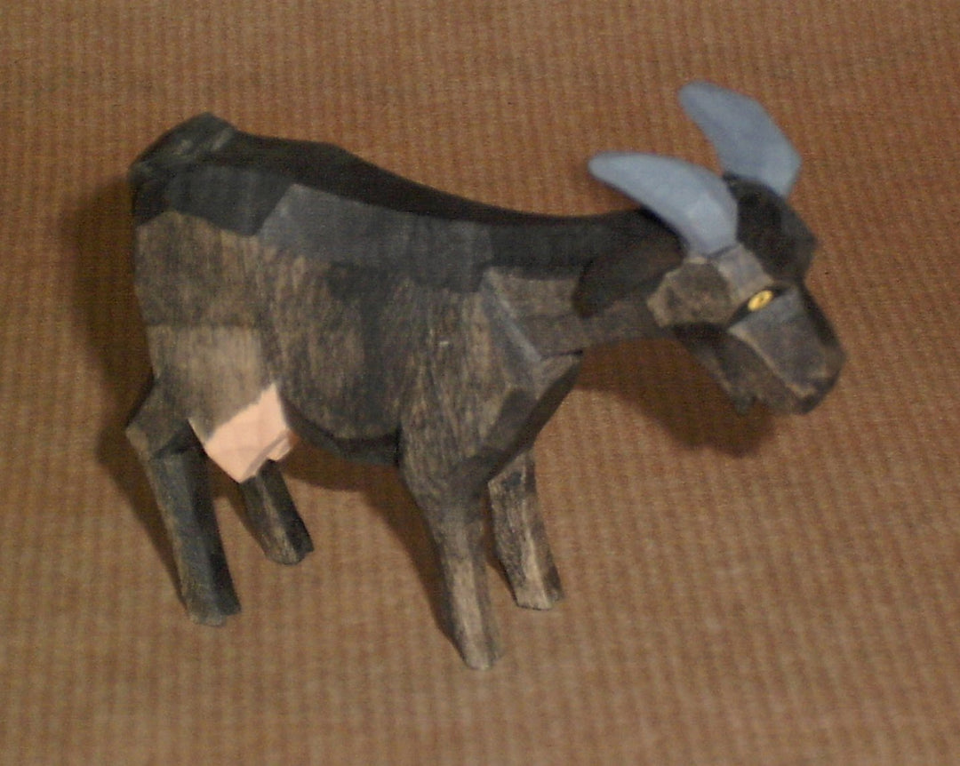 Ziege schwarz stehend mit Baumwollbeutel Krippenfigur