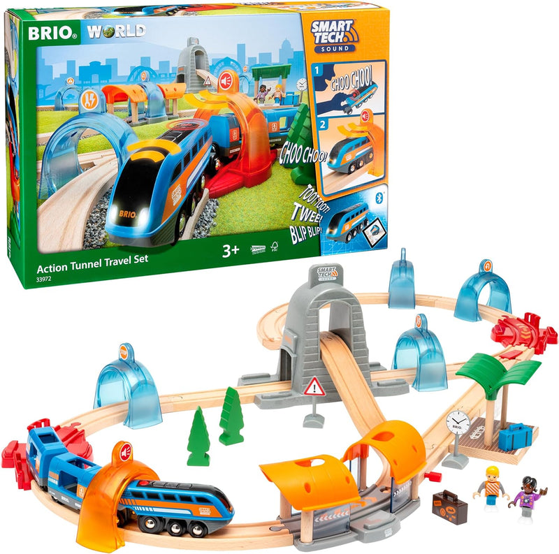 BRIO World 33972 Smart Tech Sound Action Tunnel Reisezug Set Elektrischer Zug mit Schienen & Tunnel