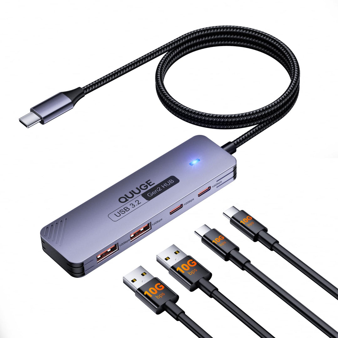 USB C 3.2 Hub 10Gbps, QUUGE 4-in-1 Adapter mit 2 USB-C 3.2 & 2 USB-A 3.2 Ports, Aluminium Multiport