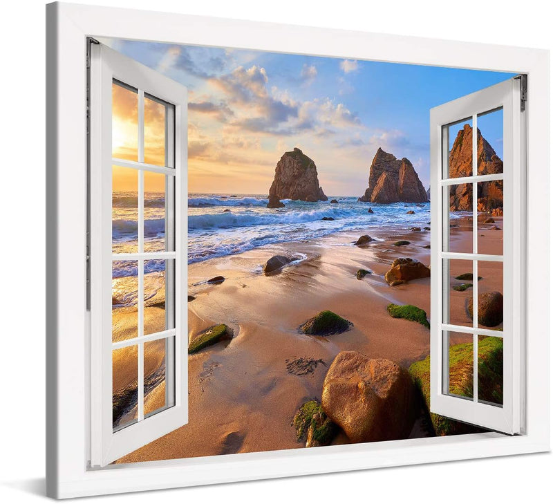 PICANOVA – Bild auf Leinwand Meeresstrand mit Felsen Fenster 100x75cm – Leinwandbild – Premium Leinw