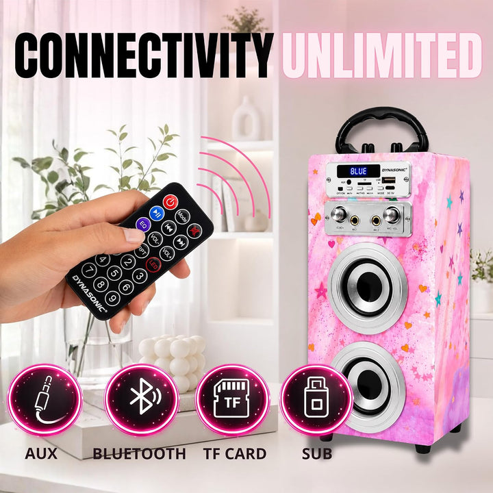 DYNASONIC Karaoke mit 2 Mikrofonen, tragbarer Karaoke-Maschine, Bluetooth-Lautsprecher, USB- und SD-