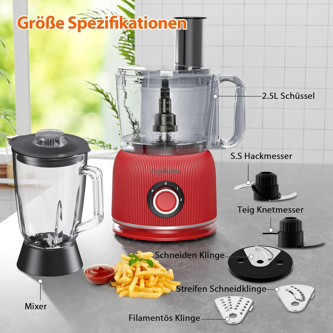 1500W Küchenmaschine und Mixer Kombination, 2,5L Zerkleinerer für Fleisch, Gemüse und Teig, 2L Stand