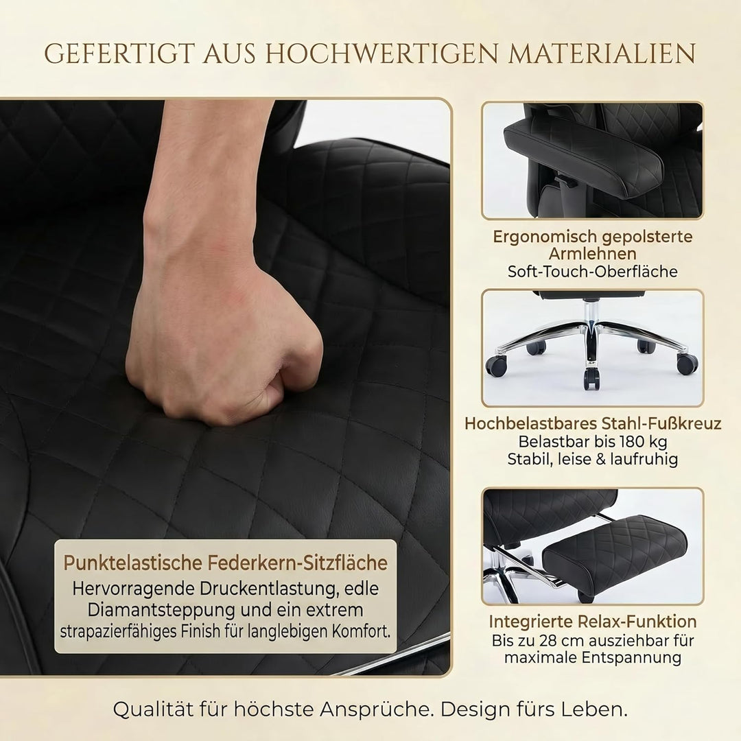 EXCEBET XXL Chefsessel bis 180kg Belastbar, Ergonomischer Bürostuhl mit Taschenfederkern, Breiter Dr
