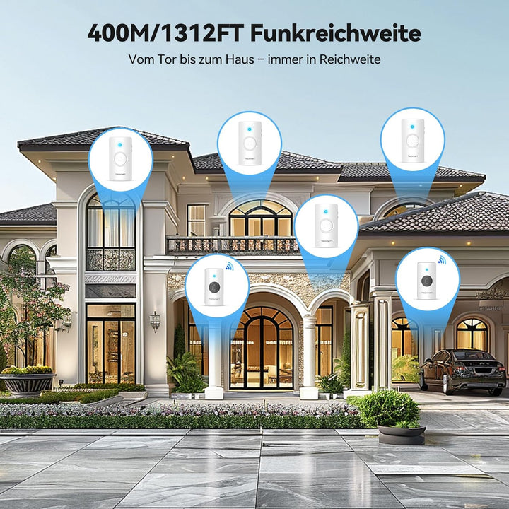 TECKNET Funkklingel, Batteriebetriebene Türklingel mit 4 Empfängern & 2 Sendern, Haustür Klingel Set