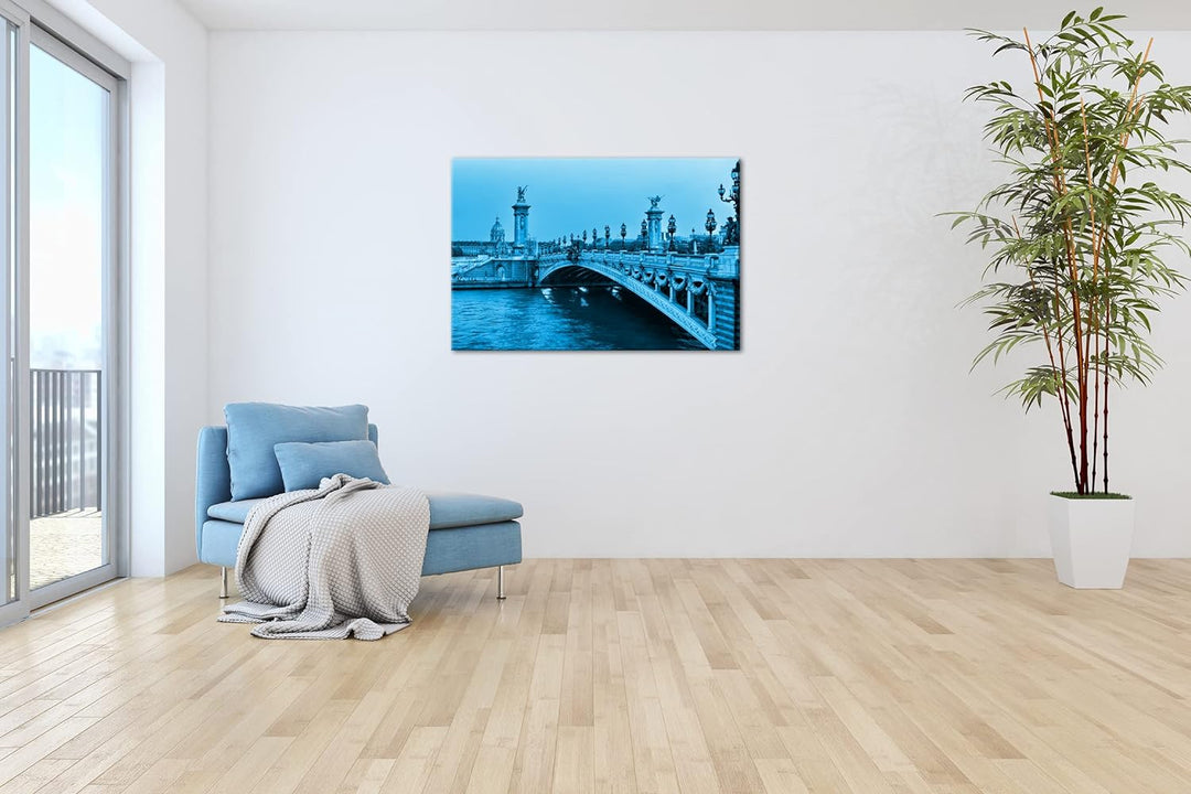 deyoli Brücke am Seineufer in Paris Format 80x60 Effekt: Monocrome Blau als Leinwandbild, Motiv fert