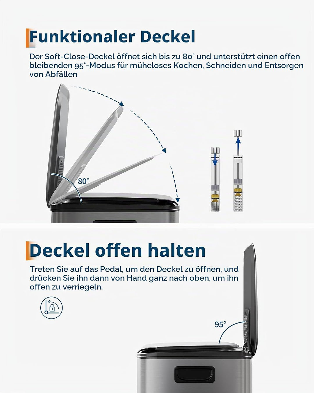 GarveeHome Mülleimer Küche, 2 x 30 L, Mülltrennsystem 2 Fächer, Metall-Tretmülleimer mit Seitlichem