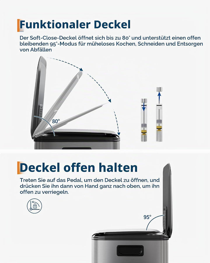 GarveeHome Mülleimer Küche, 2 x 30 L, Mülltrennsystem 2 Fächer, Metall-Tretmülleimer mit Seitlichem