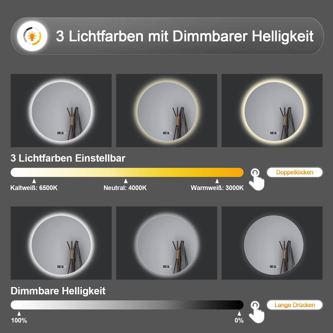 BD-Baode Runder Badspiegel mit Beleuchtung, 60x60 cm Badezimmerspiegel mit Touch Schalter und Uhr,LE
