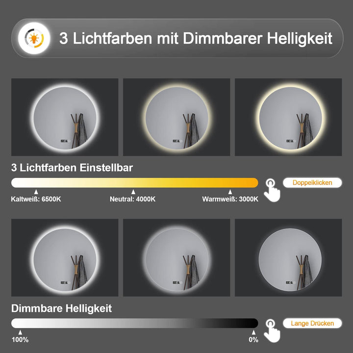 BD-Baode Runder Badspiegel mit Beleuchtung, 60x60 cm Badezimmerspiegel mit Touch Schalter und Uhr,LE