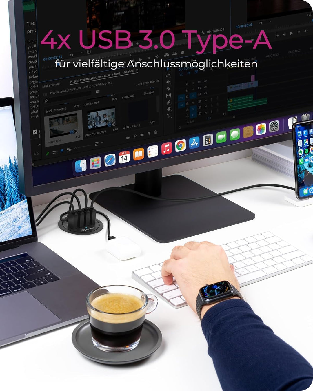 ICY BOX IB-Hub1403 USB-Tisch-Hub (60 mm) zum Einbau, 4x USB 3.0 Anschlüsse, Kabeldurchführung, 5 V S