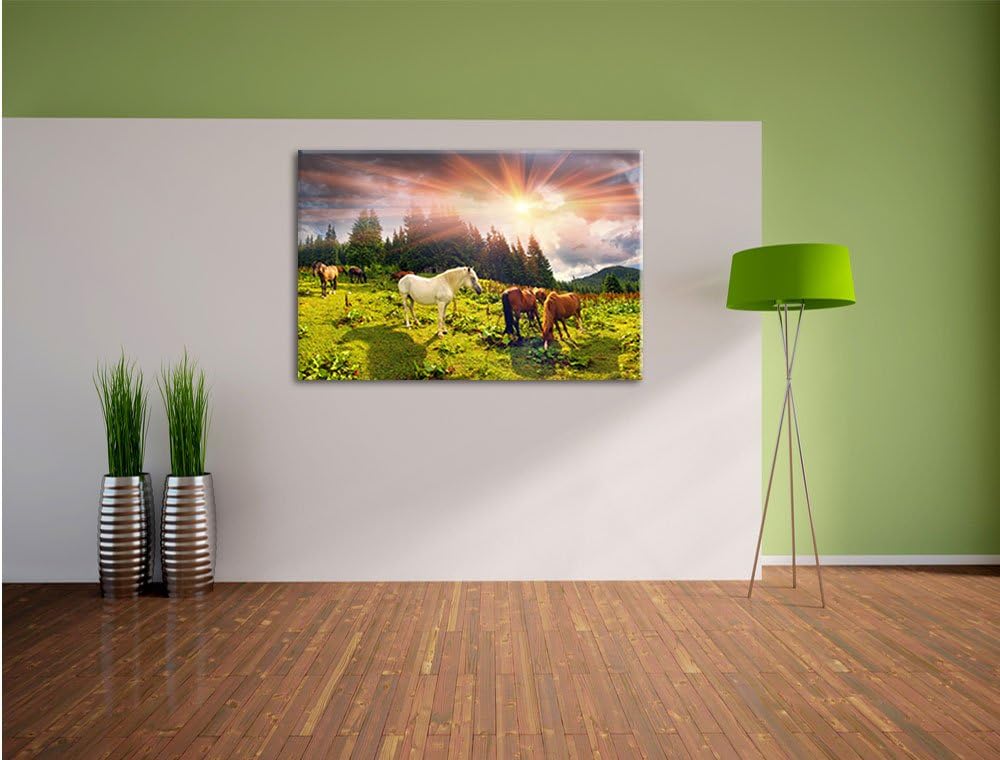 Pixxprint Mustangs Pferde auf den Bergen als Leinwandbild/Grösse: 100x70 cm/Wandbild/Kunstdruck/fert