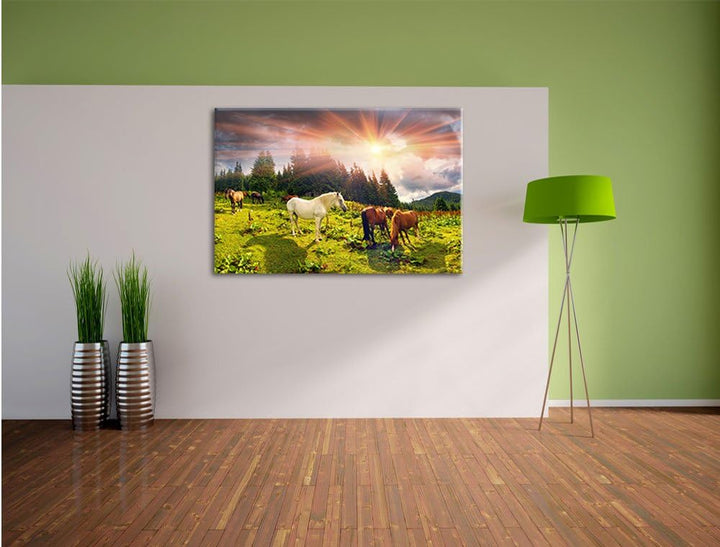 Pixxprint Mustangs Pferde auf den Bergen als Leinwandbild/Grösse: 100x70 cm/Wandbild/Kunstdruck/fert