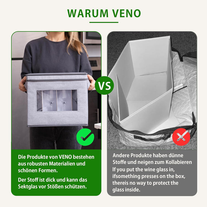 VENO 2 Stück Champagnerflöten Aufbewahrungsbox mit Deckel, Griffen, Stielglas-Transport und Schutz,
