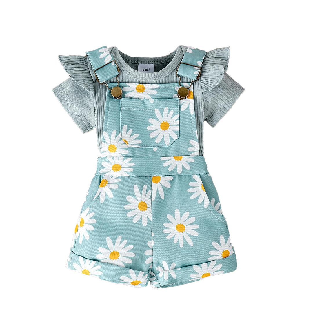 Neugeborenes Mädchen Kleidung Gänseblümchen-Aufdruck Gerüschtes Oberteil mit Hosenträgerhose und Tas