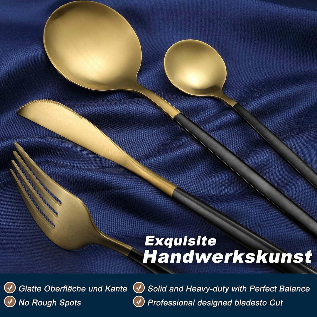 Bestdin Besteck Set 6 Personen, 30 teilig Besteck Schwarz Gold Matt, Essbesteck Set mit Messer Gabel