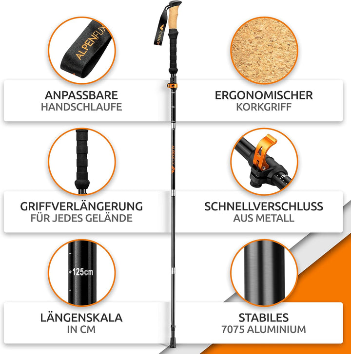 ALPENFUX® Premium Wanderstöcke faltbar, Trekkingstöcke, Nordic Walking Stöcke, leicht und verstellba