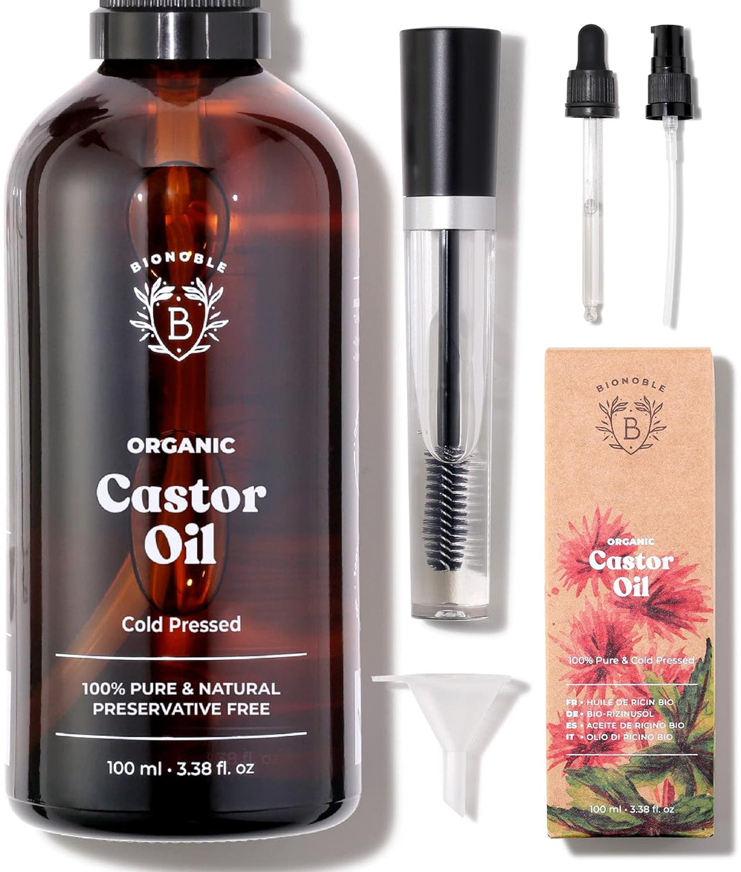Bionoble Jojobaöl Bio 100ml & Rizinusöl Bio 100ml - Wimpern, Augenbrauen, Haare, Bart, Nägel - Vegan