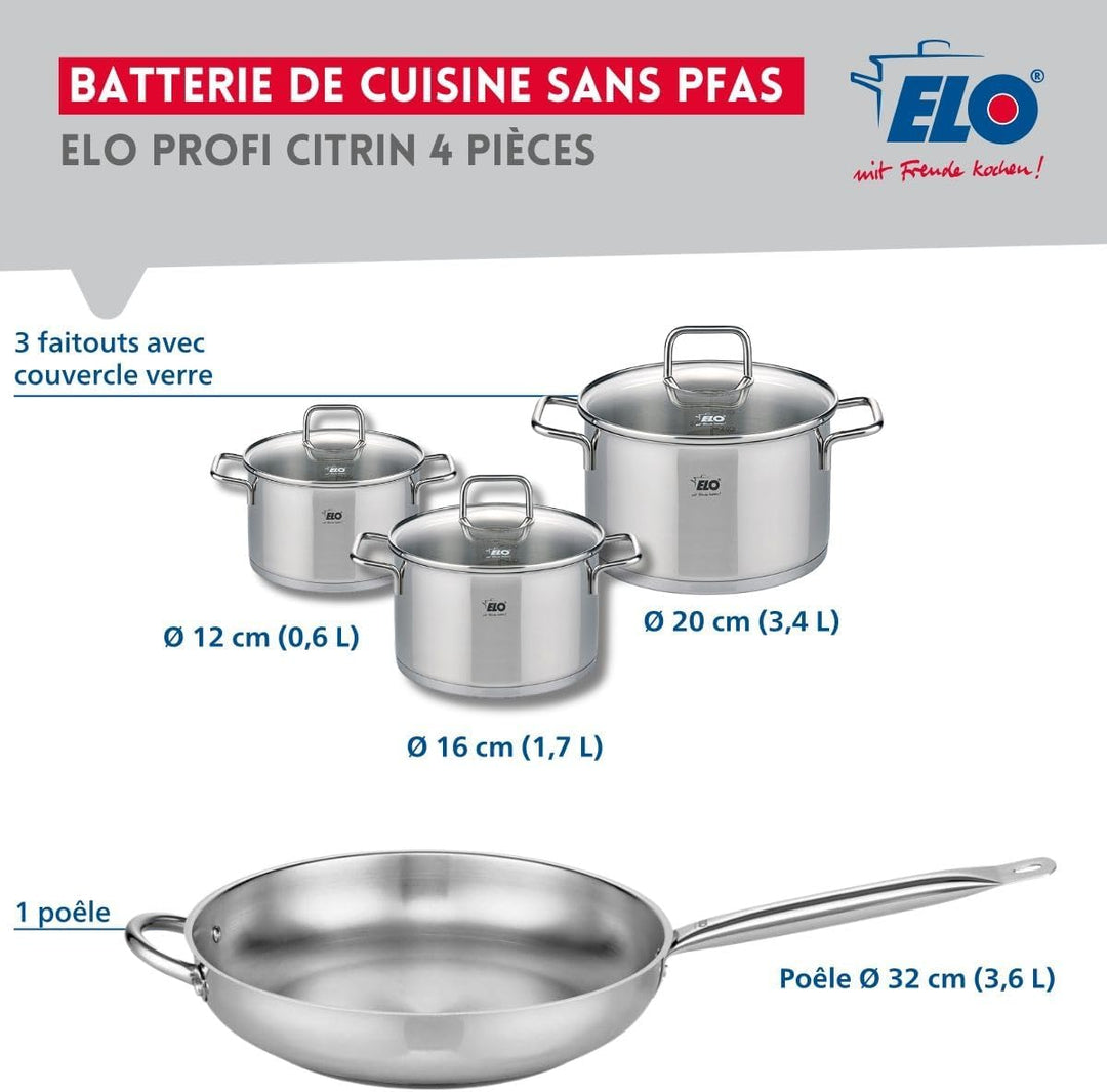 ELO 9500250 Kochgeschirr-Set, 4-teilig, 1 Bratpfanne 32 cm und 3 Kochtöpfe 12, 16 und 20 cm Elo Prof