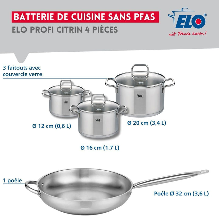 ELO 9500250 Kochgeschirr-Set, 4-teilig, 1 Bratpfanne 32 cm und 3 Kochtöpfe 12, 16 und 20 cm Elo Prof