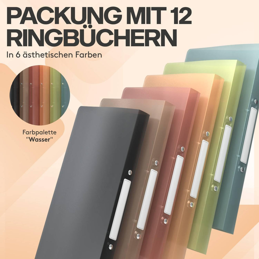 ACROPAQ - 12 x Ringbuch A4 - Mit 2 Ringen, Mit Rückenetiketten, Rückenbreite 2,5 cm, Wasser, Natur F