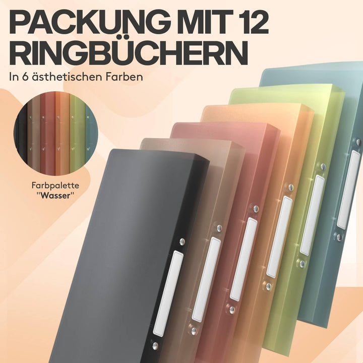 ACROPAQ - 12 x Ringbuch A4 - Mit 2 Ringen, Mit Rückenetiketten, Rückenbreite 2,5 cm, Wasser, Natur F