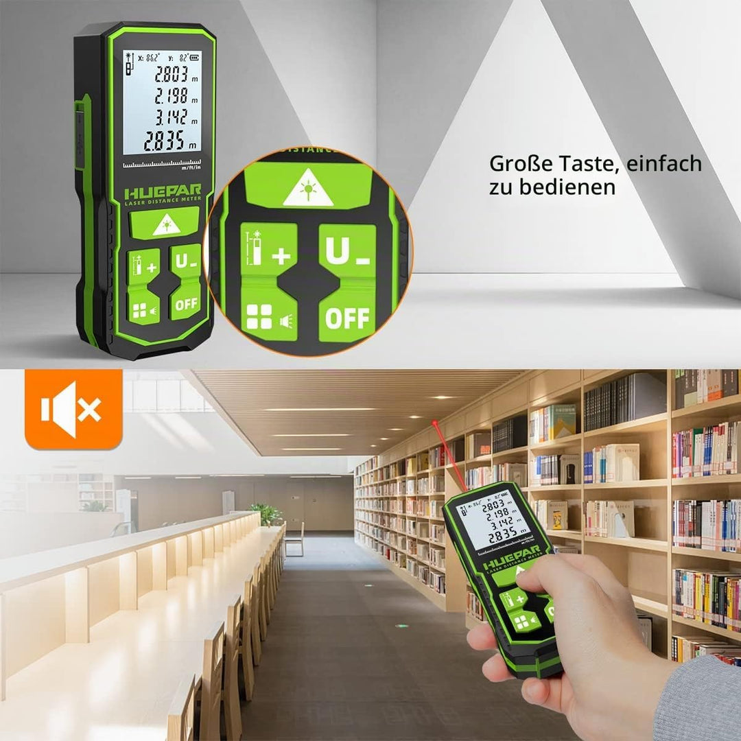 Huepar Laserdistometer 393Ft(120M) mit wiederaufladbaren Akku und Doppelwinkel–Display, Lasermessung