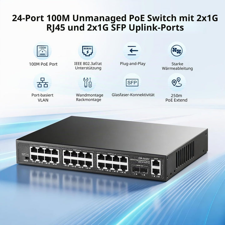 24-Port-POE-Switch, 2 Gigabit-Uplinks, 2 SFP-Steckplätze, IEEE 802.3af/at, 450 W Hochleistungsleistu
