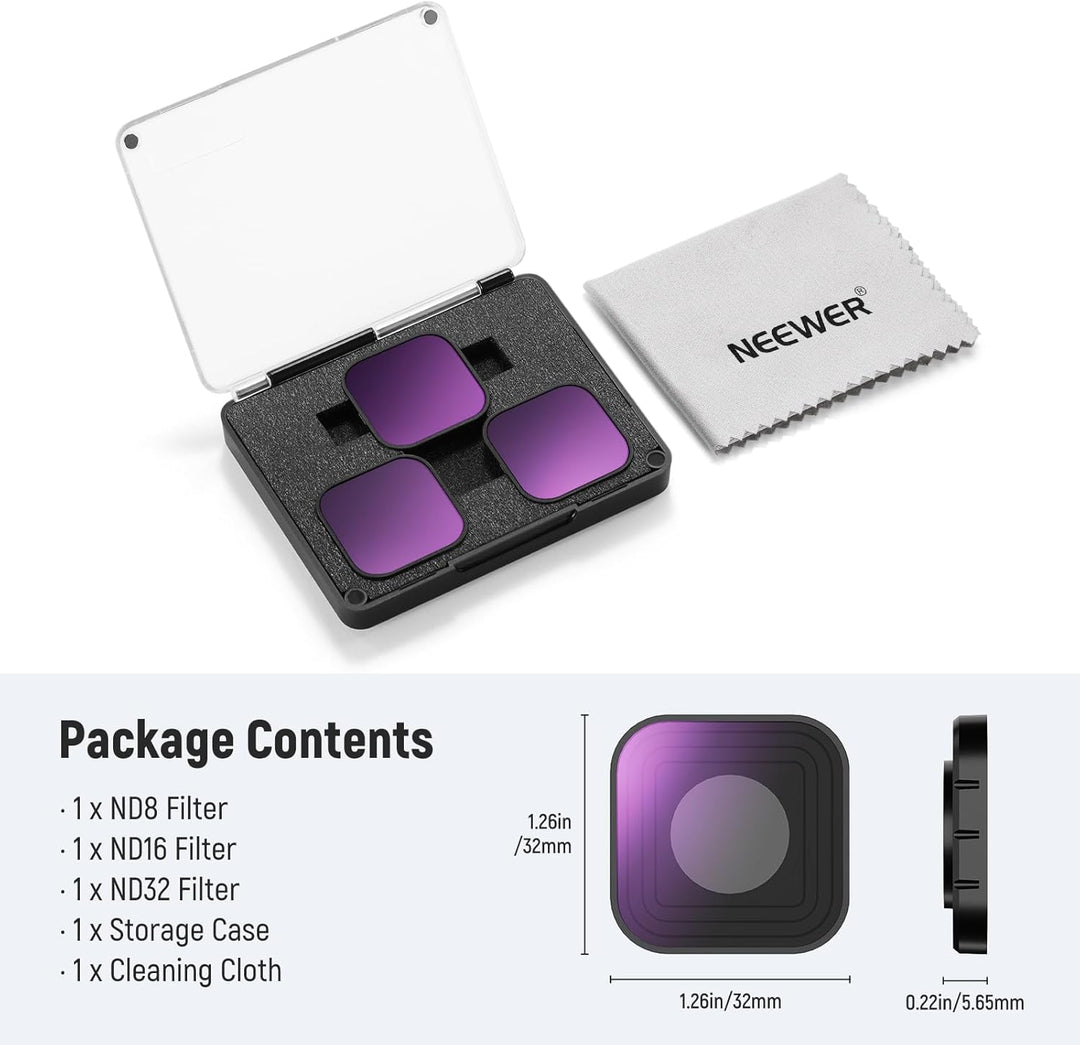 NEEWER ND Filter Set kompatibel mit GoPro Hero 13 12 11 10 9, 3er Pack, ND8+ND16+ND32, aufschraubbar
