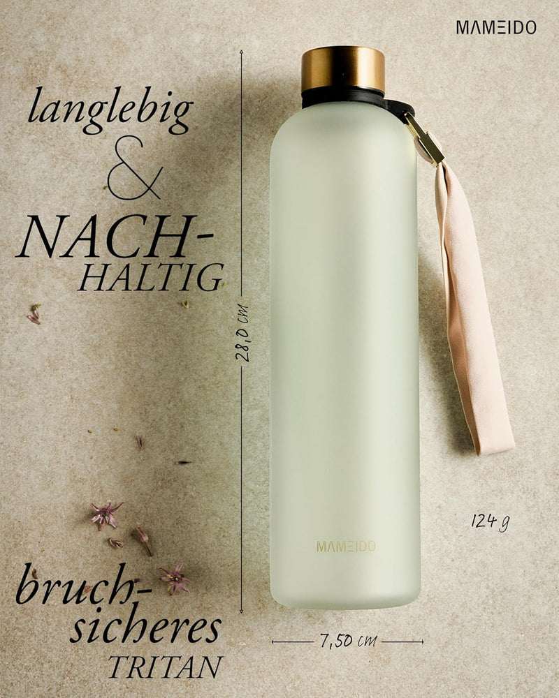 MAMEIDO Trinkflasche 1l & 1,5l Kohlensäure geeignet, auslaufsichere Trinkflasche mit Zeitmarkierung