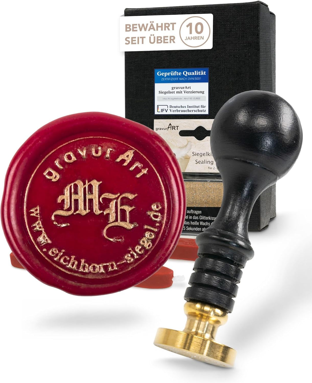 Siegelset gravurART, Siegelstempel personalisiert mit Initialen und Rundtext, incl. 2 Stangen Siegel