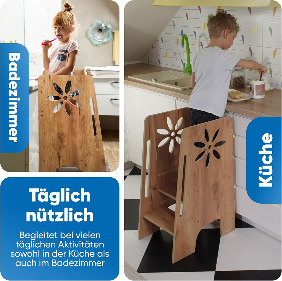 Kitchen Kids Helper Lernturm ab 1 Jahr - Höhenverstellbarer Lernturm Montessori Eiche 80cm - Sichere