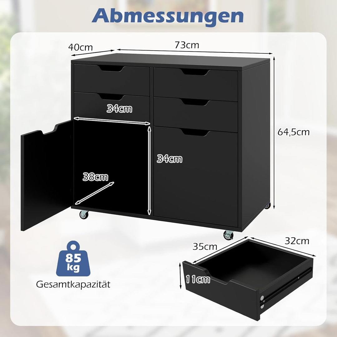 COSTWAY Rollcontainer mit 4 Schubladen und 2 Türen, Aktenschrank mit Rollen, Druckerständer, Bürosch