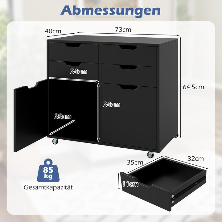 COSTWAY Rollcontainer mit 4 Schubladen und 2 Türen, Aktenschrank mit Rollen, Druckerständer, Bürosch