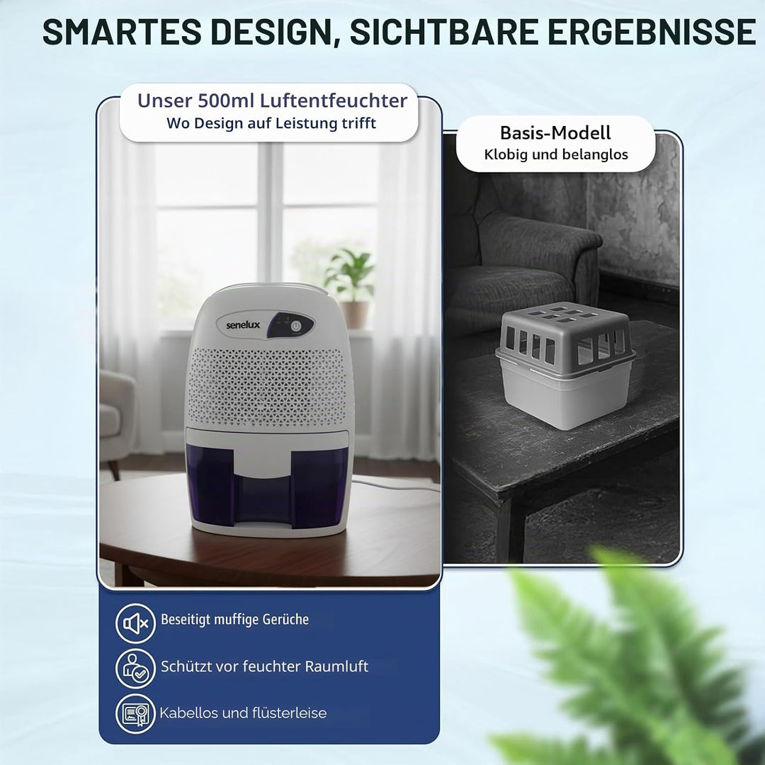 Senelux Leistungsstarker Mini-Luftentfeuchter, 500 ml, tragbar, leise, kleiner Luftentfeuchter, effi