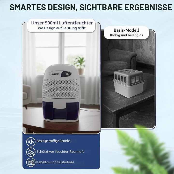 Senelux Leistungsstarker Mini-Luftentfeuchter, 500 ml, tragbar, leise, kleiner Luftentfeuchter, effi