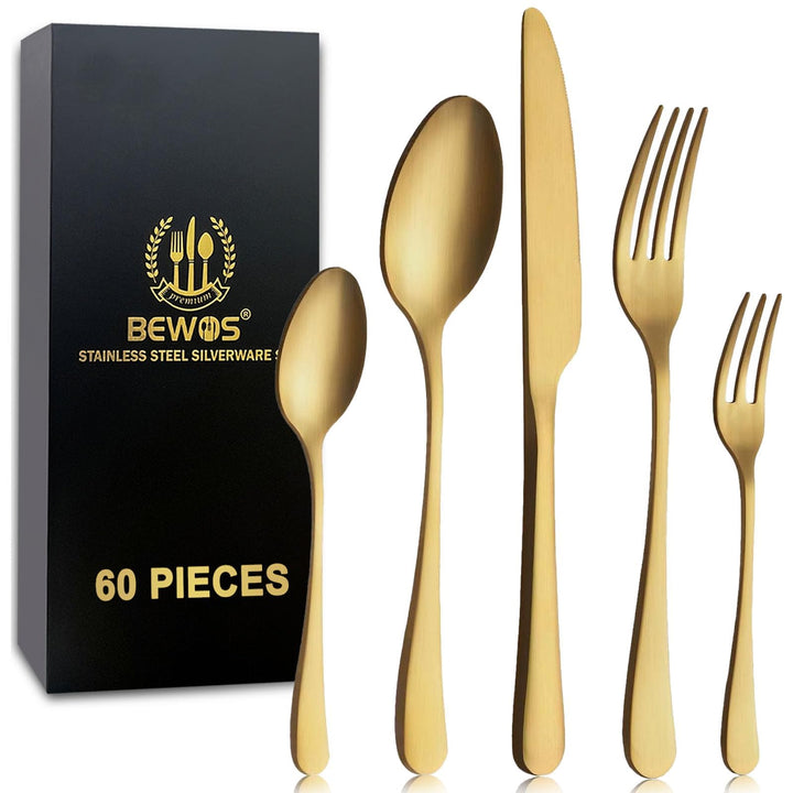 BEWOS Besteck Set für 12 Personen, 60 teilig Titanium Gold Essbesteck Set inkl. Messer, Gabel, Löffe