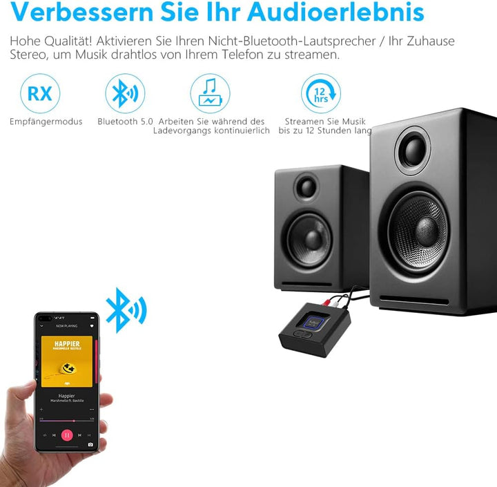 ML201 Adapter für Stereoanlage, Bluetooth 5.0 Empfänger mit 3.5mm AUX Cinch, drahtloser Audio Receiv