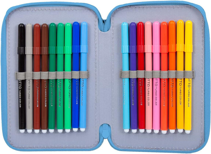 L'ERBAVOGLIO Federmäppchen für Schule, 3 Reissverschluss, komplett mit 44 Stück, Spiderman (Hellblau